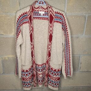 Lucky Brand Red and Blue Knit Aztec Cardigan M